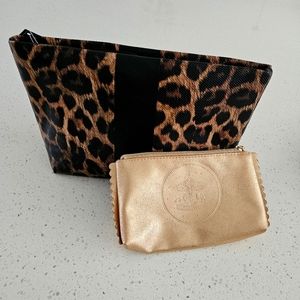 2 Travel Bags - Makeup Leopard Cosmetic Purse & Metallic Rosegold Carousel Pouch